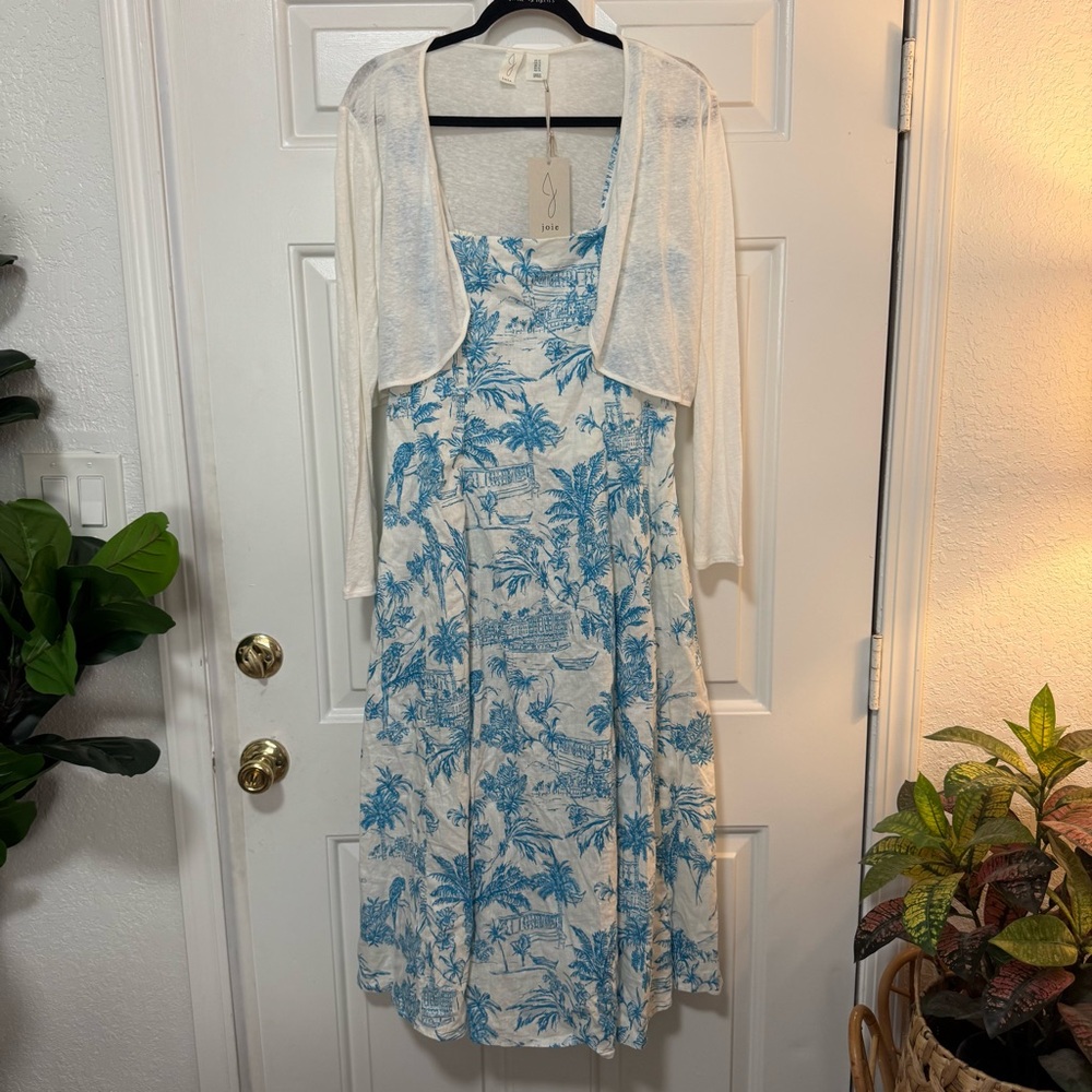 NWT JOIE Dress Shrug Set Blue White Palm-print Toile Linen Cotton Dress Size 12 - Picture 2 of 16